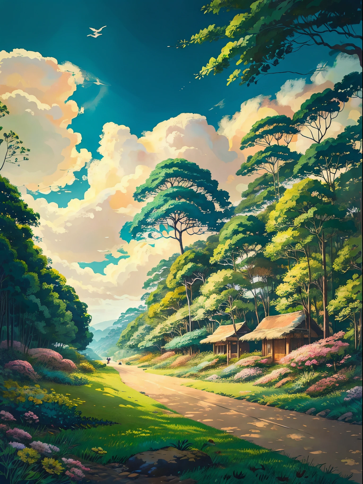 A heartwarming retro anime-inspired of a beautiful tropical hill woods, distance rice field and coconut tree, style of Studio Ghibli and Hayao Miyazaki, detail lines