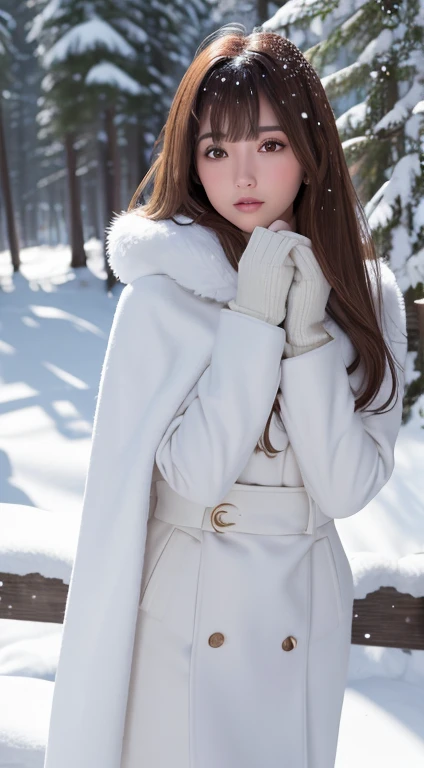 1womanl, up of face, light brown hair, Blunt bangs, hair behind ear, hair over shoulder, Long hair, slender body shape, Ultra Fine Face, Thin face, Delicate lips, Beautiful eyes, thin blush, eyes are light brown,View here, Ultra-thin hands, Ultra-fine fingers, best ratio four finger and one thumb, (realisitic:1.3), White cloak coat. muffler,gloves、Coniferous forest with heavy snowfall, It's snowing.One-person viewpoint, Fuji Film, 8K, masutepiece, nffsw, Super Detail, High quality, Best Quality, hight resolution,