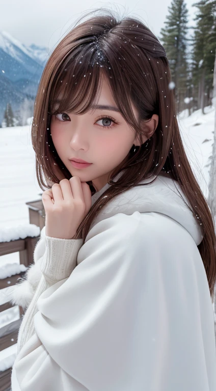 1womanl, up of face, light brown hair, Blunt bangs, hair behind ear, hair over shoulder, Long hair, slender body shape, Ultra Fine Face, Thin face, Delicate lips, Beautiful eyes, thin blush, eyes are light brown,View here, Ultra-thin hands, Ultra-fine fingers, best ratio four finger and one thumb, (realisitic:1.3), White cloak coat. muffler,gloves、Coniferous forest with heavy snowfall, It's snowing.One-person viewpoint, Fuji Film, 8K, masutepiece, nffsw, Super Detail, High quality, Best Quality, hight resolution,