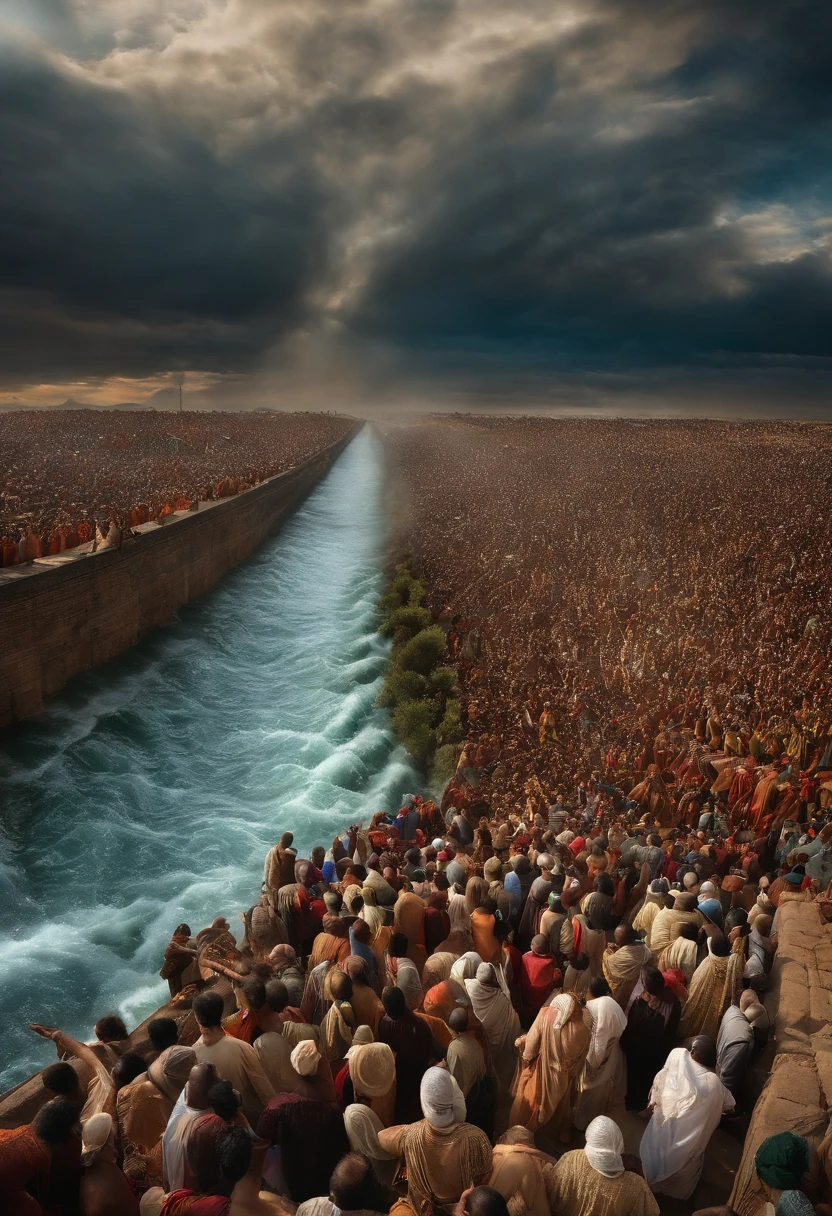 The Exodus of Moses、600,000 people々There are huge walls of water on both sides.、.、A large crowd passes between walls of water