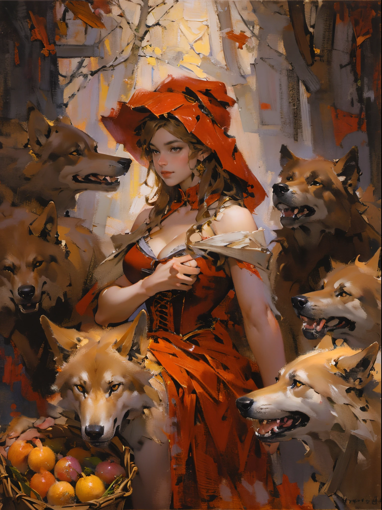 Depicting a girl in red meeting a pack of wolves，Quiet and harmonious atmosphere，Dramatic composition，a warm color palette，Correct anatomy，Detailed face, Detailed eyes，（girl wearing：red capelet，Red hat，laced dress，redhood, capes, Big breasts corset, a skirt, reddress，Carrying a basket of fruits），Background with：exteriors，natural  lightting, Candy   House，a fairy world，((Sexual suggestiveness)),seductiv,(post-Impressionist),,(Fechin Oil Painting - Fechin Oil Painting , oil painted), 0