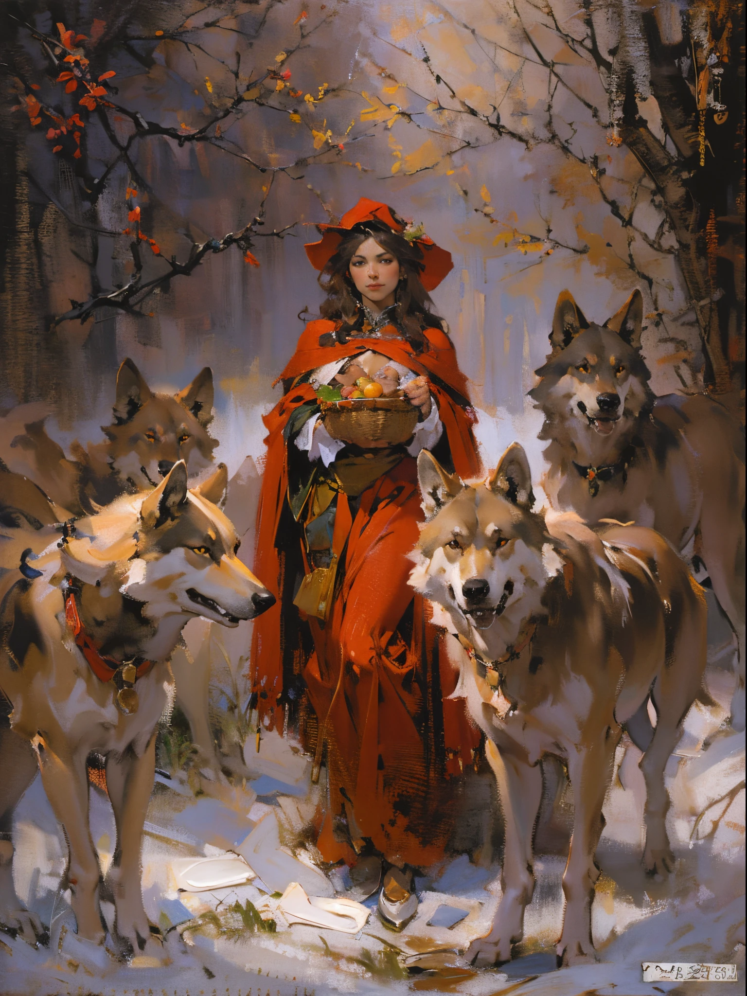 Depicting a girl in red meeting a pack of wolves,Quiet and harmonious atmosphere,Dramatic composition,a warm color palette,Correct anatomy,Detailed face, Detailed eyes,(girl wearing:red capelet,Red hat,laced dress,redhood, capes, Big breasts corset, a skirt, reddress,Carrying a basket of fruits),Background with:exteriors,natural lightting, Candy House,a fairy world,((Sexual suggestiveness)),seductiv,(post-Impressionist),,(Fechin Oil Painting - Fechin Oil Painting , oil painted), 0