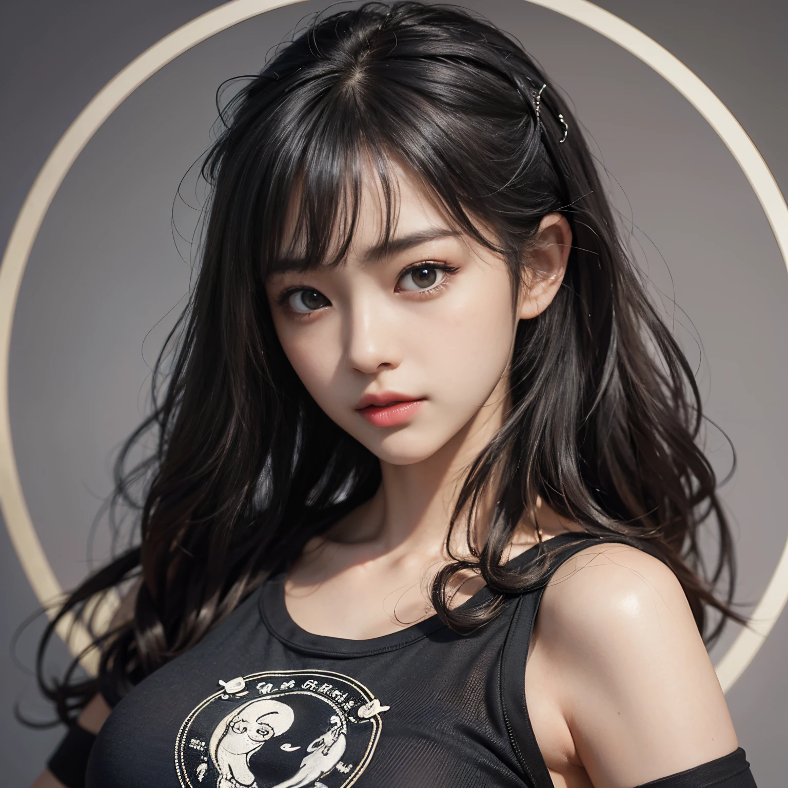 Best-quality, Masterpiece, Ultra-High-Resolution, (Photorealistic:1.4), Raw-Photo, Extremely-Details, Perfect-Anatomy, 1girl, 18-years-old, the most popular Japanese pin-up model, ((wearing very tight t-shirt)), portrait, extremely charming face, extremely cute face like a most famous Japanese idol, Extremely beautiful hair, Extremely beautiful big black solid circle eyes, extremely beautiful long eyelashes, extremely beautiful big breasts, detailed very tight t-shirt, detailed big breasts, detailed charming and cute face, detailed beautiful big black solid circle eyes, detailed long eyelashes, detailed hair