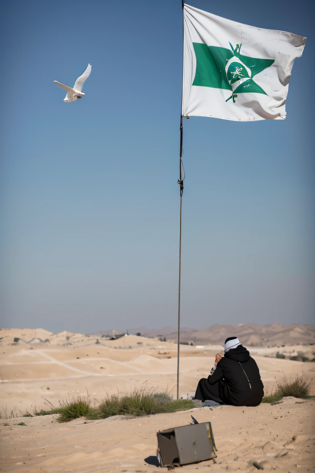 Help me make three paintings about Palestinians who are suffering from aggression and praying for peace.，Asking for a white dove，missile，iron dome system，Flag of Palestine