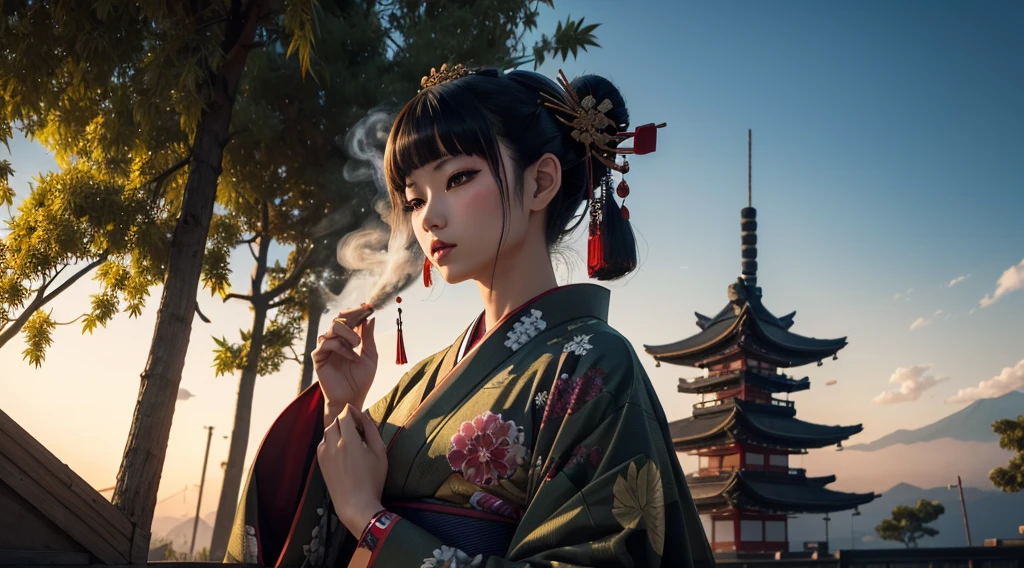 Makashi kimono、?????、geisha、smokeing、10 people、Inhale smoke、cyberpunked、near future、Landscape ratio image、Background through、Hemp leaf hair ornament、scenic、History