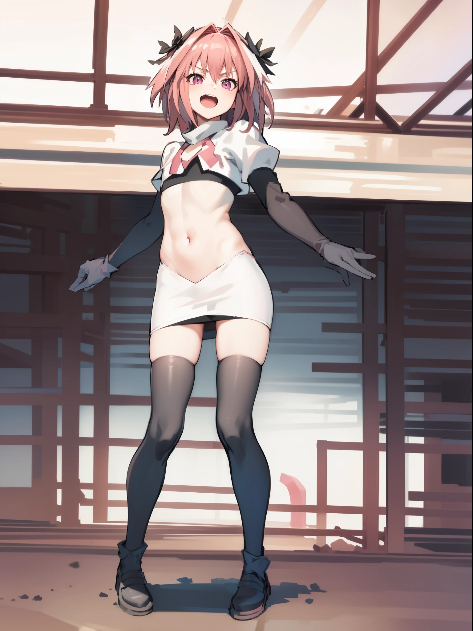 absurdres, masterpiece, best quality, (astolfo fate:1.2155), 1boy, male focus, trap, pink multicolored hair, pink hair, white hair, hair intakes, long hair, pink detailed eyes, crossdressing,1boy,team rocket,team rocket uniform,white skirt,crop top,black thigh-highs,black elbow gloves,