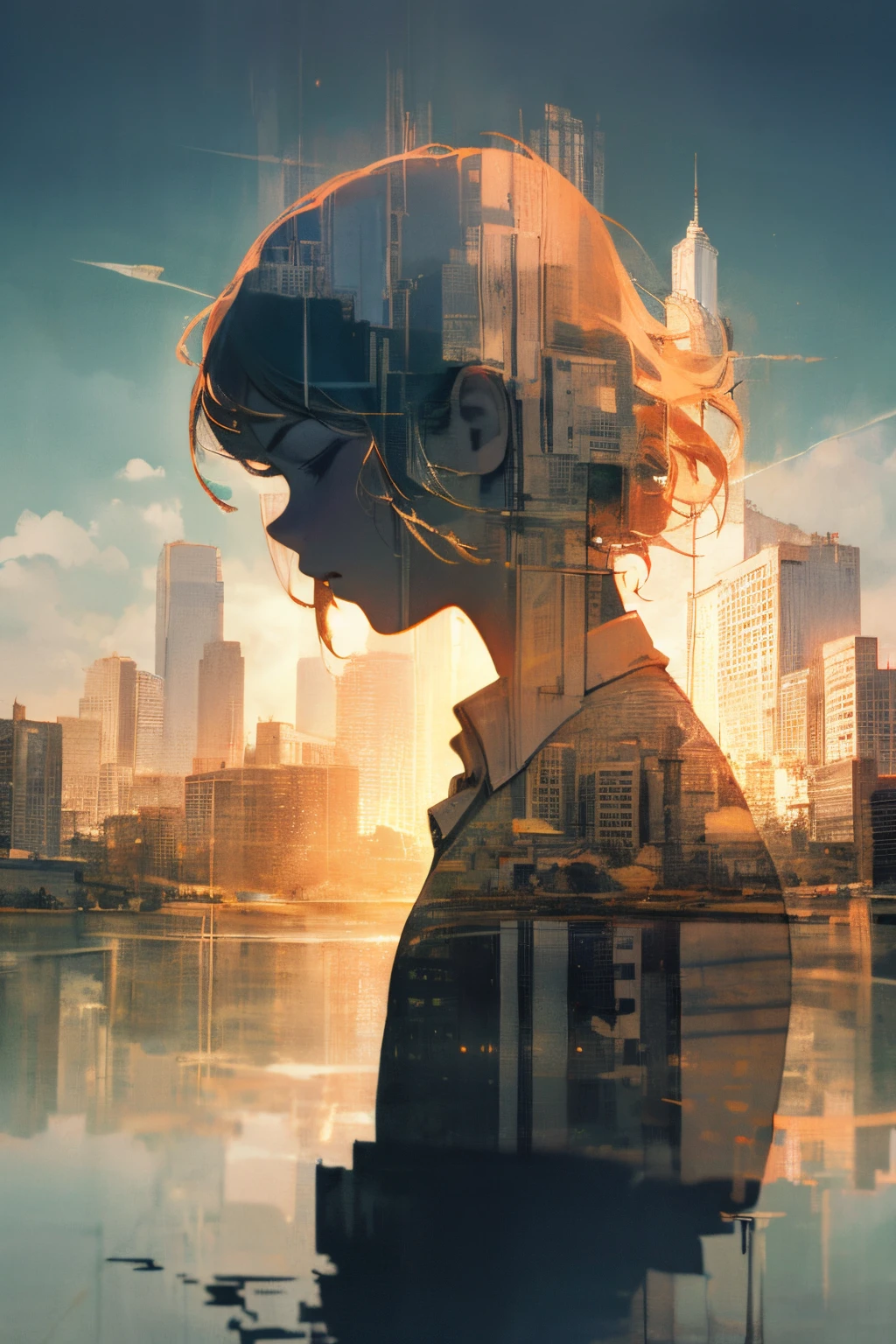 Praying Girl, ruin city, double exposure