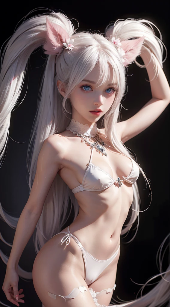 8K, Ultra High Definition, Super detailed, Shiny detailed hair, detailed face, fantasy landscape, solo, looking at viewer, {{best quality}}, {{masterpiece}}, {{ultra-detailed}}, {detailed light}, ultra high quality eyes, detailed eyes, perfect eyes, large eyes, pink eyes, white hair, long hair, twintail, beautiful, skinny body, White skin, slutty, erotic, blushing, open mouth, standing in suggestive pose