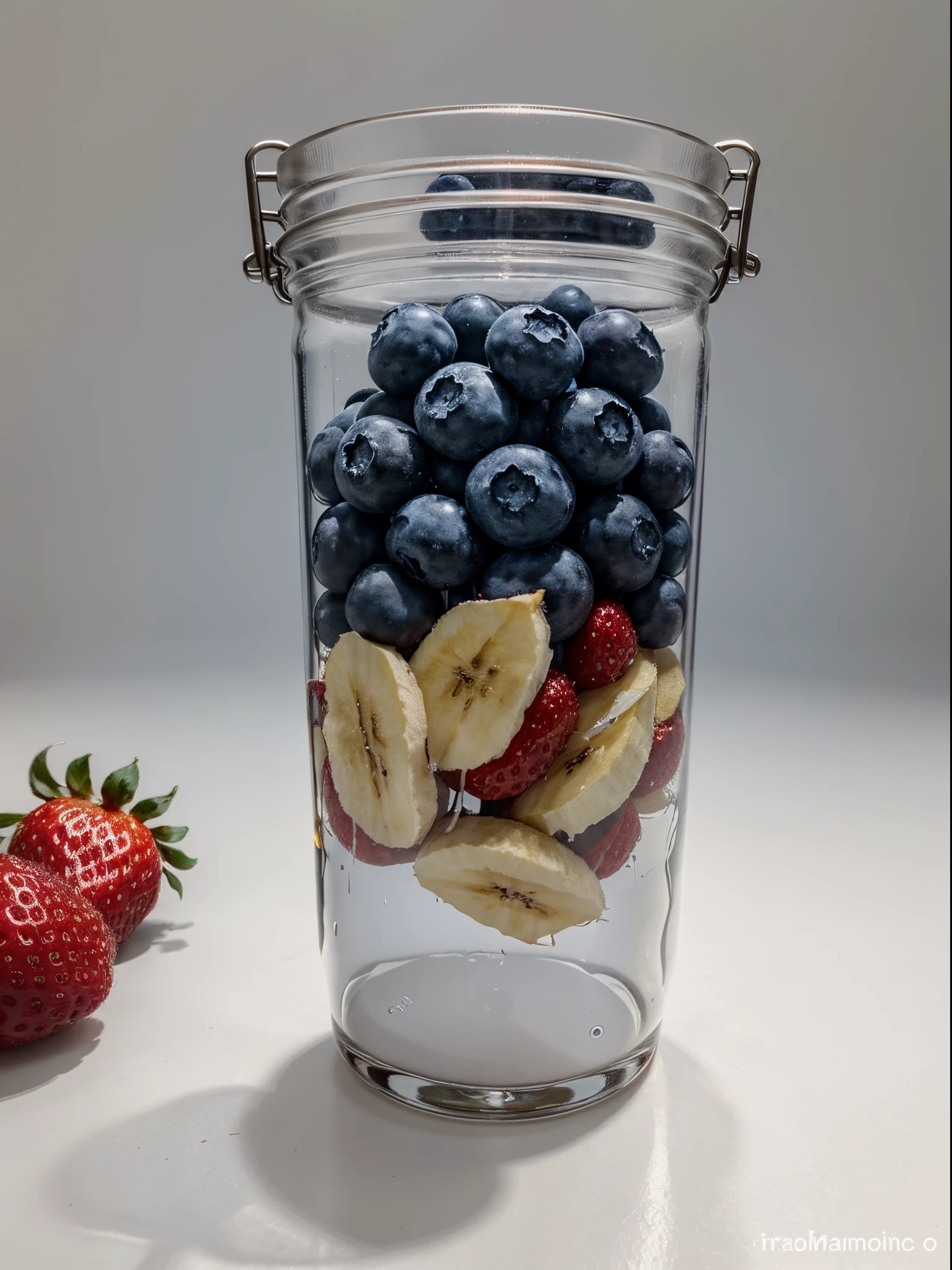 (Best quality,8K,Masterpiece:1.3),NOhumans,Clear glass,There are a lot of strawberries in it、Blueberries and Banana Chips, blend,, detalhe poderoso, intense detail, on the white background, Clear detail, professional,