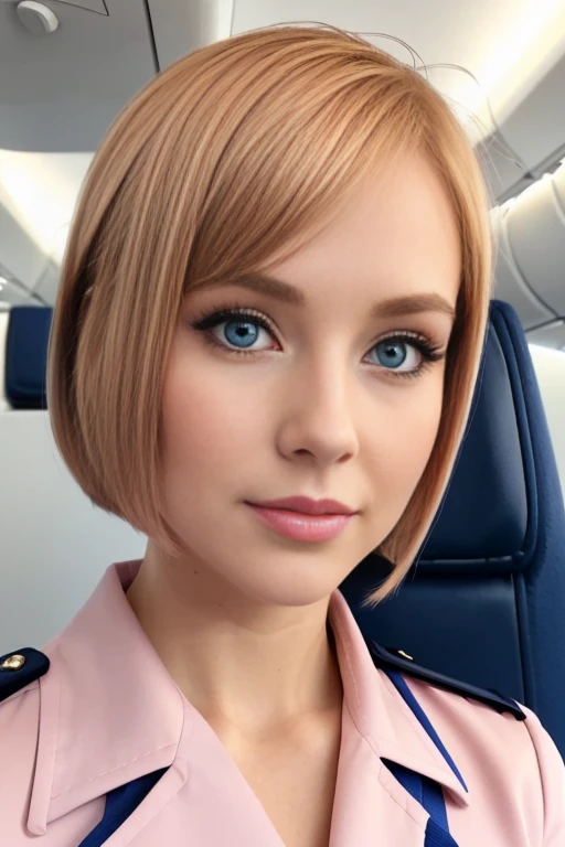 Petite 30 year old flight attendant with light strawberryblonde hair in a short undercut bob and striking blue eyes wearing eye liner, pink lips, in a uniform, detailed face