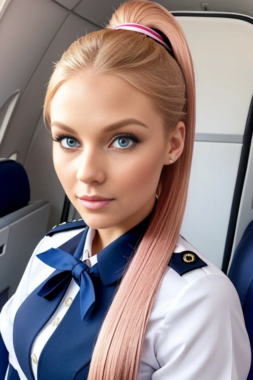 Petite 30 year old flight attendant with light strawberryblonde hair in a ponytail and striking blue eyes wearing eye liner, pink lips, in a uniform, detailed face