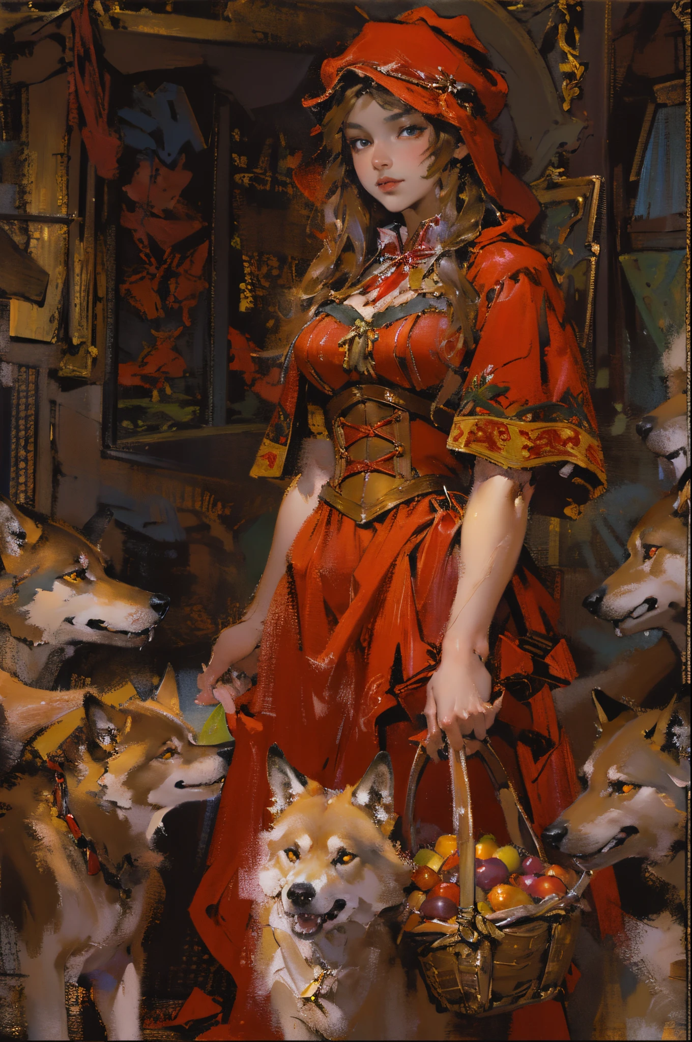 Depicting a girl in red meeting a pack of wolves,Quiet and harmonious atmosphere,Dramatic composition,a warm color palette,Correct anatomy,Detailed face, Detailed eyes,(girl wearing:red capelet,Red hat,laced dress,redhood, capes, Big breasts corset, a skirt, reddress,Carrying a basket of fruits),Background with:exteriors,natural lightting, Candy House,a fairy world,((Sexual suggestiveness)),seductiv,(post-Impressionist),,(Fechin Oil Painting - Fechin Oil Painting , oil painted), 02