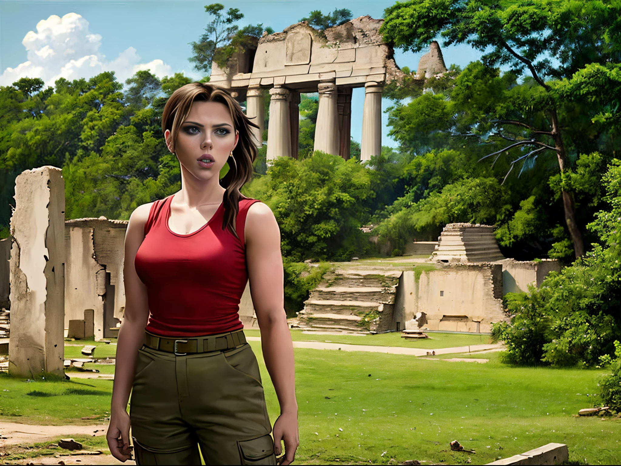 Scarlett Johansson, masterpiece quality, (masterpiece quality:1.9), realistic, solo, one girl, the wearing Lara Croft outfit, ponytail haircut, Mayan ruins in background, jungle in background behind Mayan ruins,