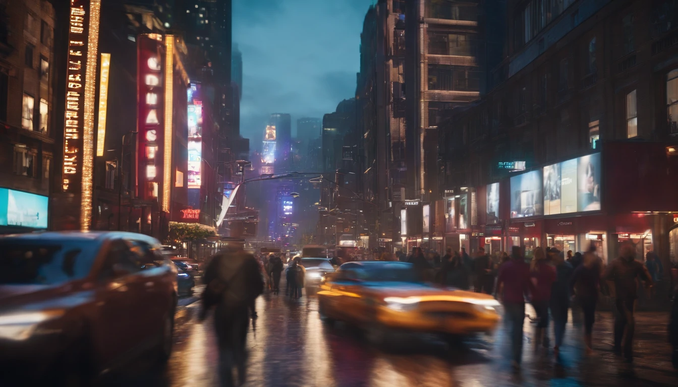 Illustrate a wide shot of a bustling city street, with pedestrians walking in different directions and cars zooming past. The street is lined with tall buildings, and colorful billboards and signs can be seen in the background. The atmosphere is lively and energetic, capturing the vibrant city atmosphere] unreal engine, hyper real --q 2 --v 5.2 --ar 16:9