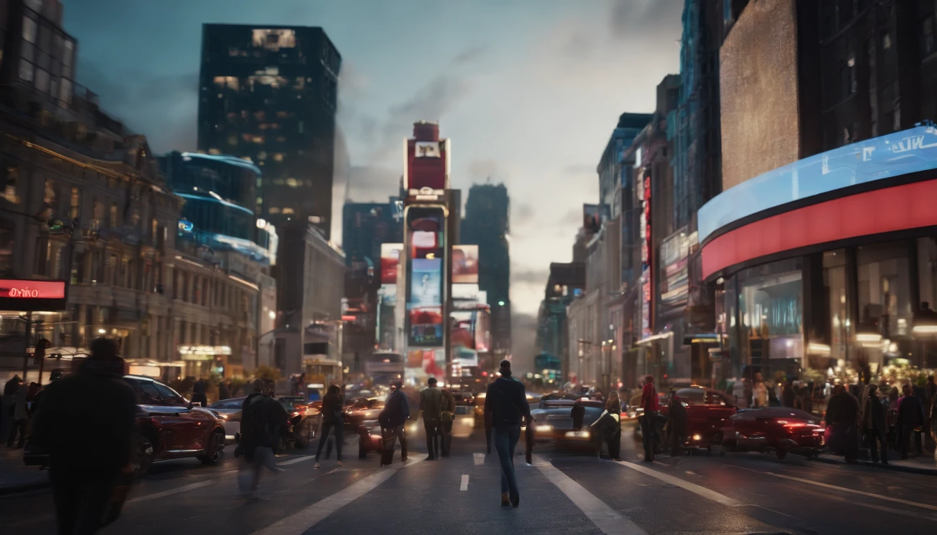 Illustrate a wide shot of a bustling city street, with pedestrians walking in different directions and cars zooming past. The street is lined with tall buildings, and colorful billboards and signs can be seen in the background. The atmosphere is lively and energetic, capturing the vibrant city atmosphere] unreal engine, hyper real --q 2 --v 5.2 --ar 16:9