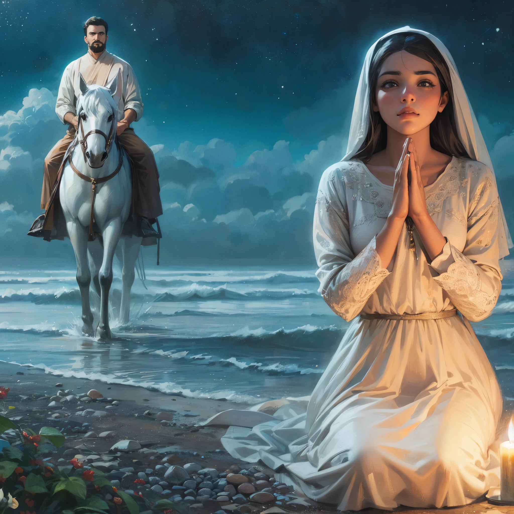 باغي نسمع كانبغيكA beautiful Muslim woman on the beach at night, raising her palms, praying to God. Next to her is a candle. A young, strong man is very far away from her. He has a bald head and a beard. He is riding a white horse. The scene is comforting. An artistic painting.