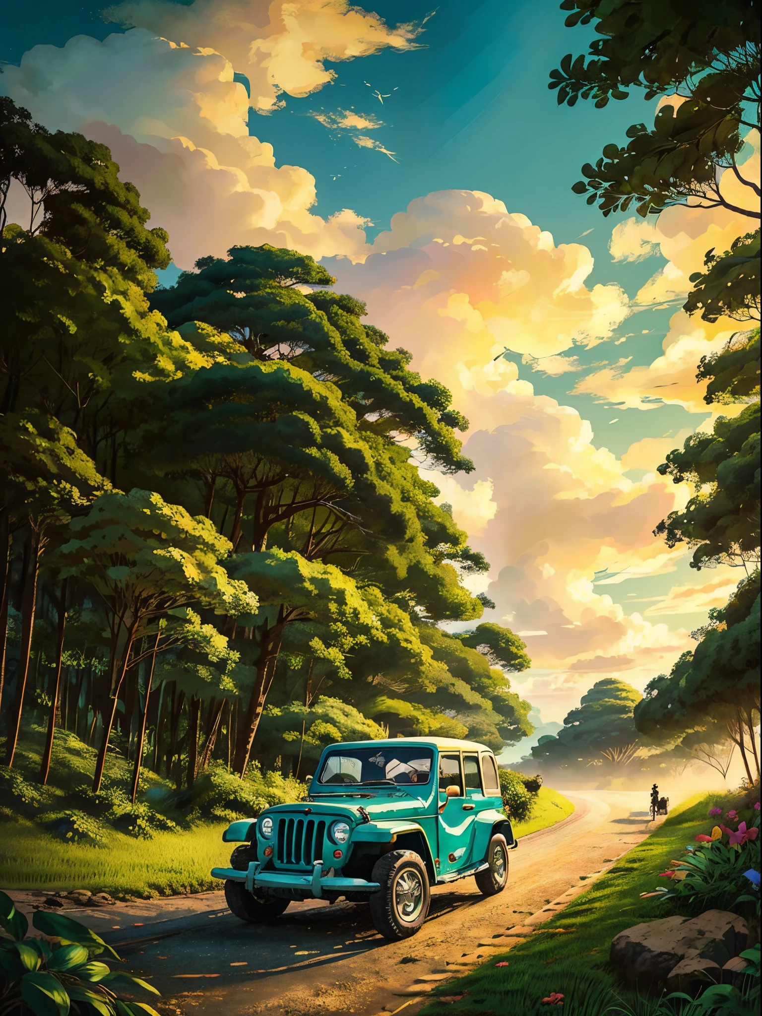 A heartwarming retro anime-inspired of a detail jeep willys with background beautiful tropical hill woods, distance rice field and coconut tree, style of Studio Ghibli and Hayao Miyazaki