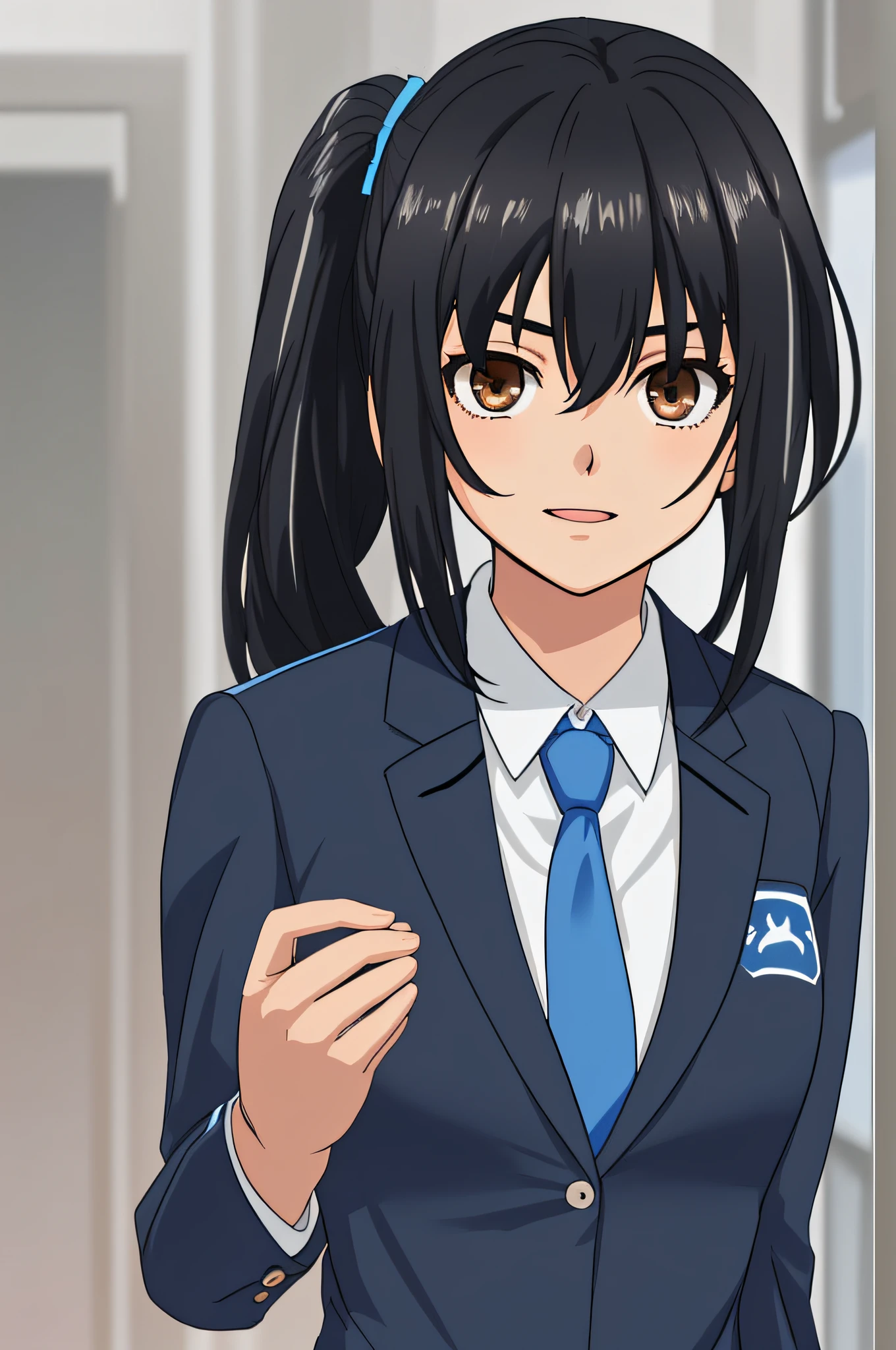 high school student, pony tail. cool face, kuudere type, black hair, blue tie, white and blue school uniform, brown eyes, sexy body