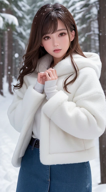 1womanl, up of face, light brown hair, Blunt bangs, hair behind ear, hair over shoulder, Long hair, slender body shape, Ultra Fine Face, Thin face, Delicate lips, Beautiful eyes, thin blush, eyes are light brown,View here, Ultra-thin hands, Ultra-fine fingers, best ratio four finger and one thumb, (realisitic:1.3), White cloak coat. muffler,gloves、Coniferous forest with heavy snowfall, It's snowing.One-person viewpoint, Fuji Film, 8K, masutepiece, nffsw, Super Detail, High quality, Best Quality, hight resolution,