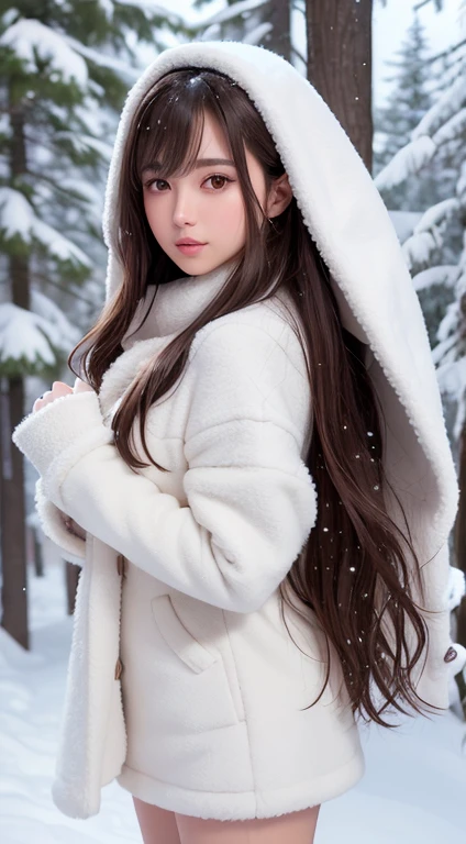 1womanl, up of face, light brown hair, Blunt bangs, hair behind ear, hair over shoulder, Long hair, slender body shape, Ultra Fine Face, Thin face, Delicate lips, Beautiful eyes, thin blush, eyes are light brown,View here, Ultra-thin hands, Ultra-fine fingers, best ratio four finger and one thumb, (realisitic:1.3), White cloak coat. muffler,gloves、Coniferous forest with heavy snowfall, It's snowing.One-person viewpoint, Fuji Film, 8K, masutepiece, nffsw, Super Detail, High quality, Best Quality, hight resolution,