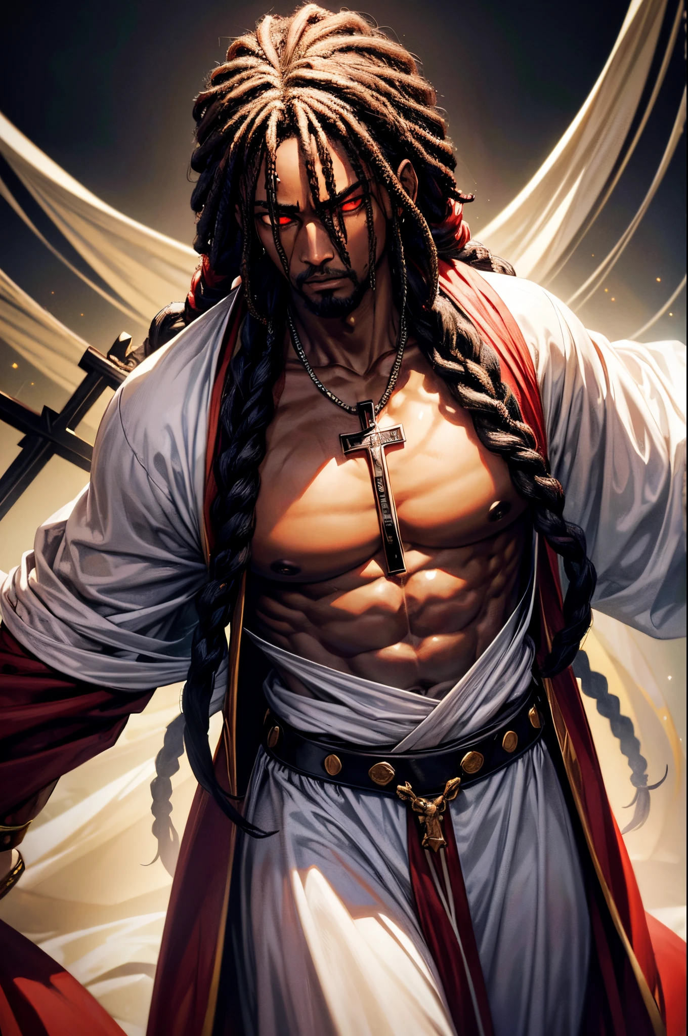 1man, black Jesus with dreadlocks, wearing action-packed white and red robe, wearing monk rosary, fierce expression, serious, glowing sharp eyes, holding to his chest a radiant energy in the form of a cross, dark fantasy scene, (masterpiece), (high quality)