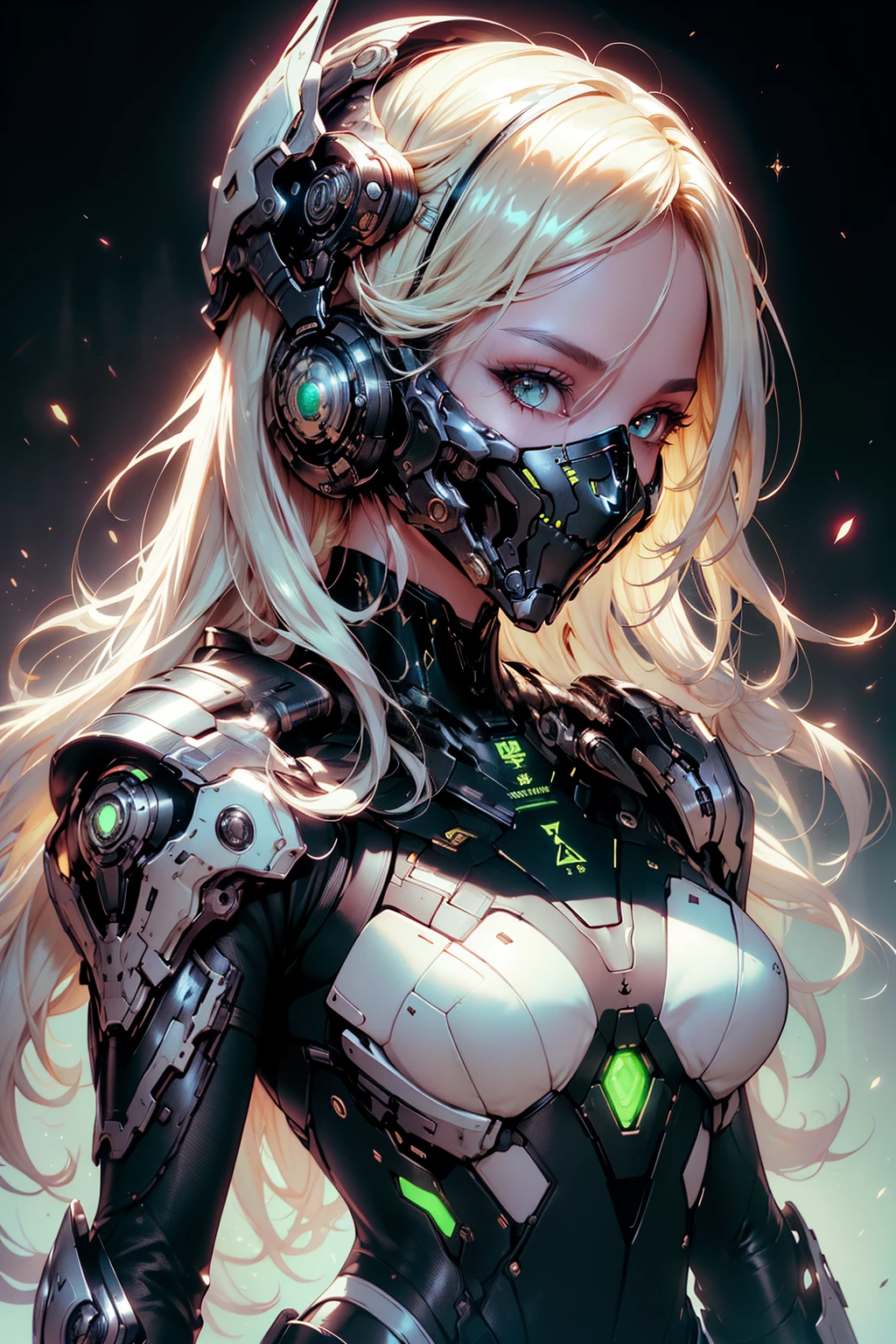 masterpiece, best quality, beautiful detailed hair detailed face, perfect feminine face, (happy:1.2), cyberskull mask, (close-up potrait:1.2), face focus, a beautiful and cute warframe woman and glowing silver hair, white neon lighting, (sci-fi cyberpunk bodysuit), (heavy armor), solo, 1girl, ahoge, side hair, very long hair, shiny skin, shiny foreheads, lens flare, sharp focus, volumetric lighting, trending on artstation, pixiv, by sakimichan, george kamitani, akira yasuda, alphonse mucha, greg rutkowski, gil elvgren, william-adolphe bouguereau