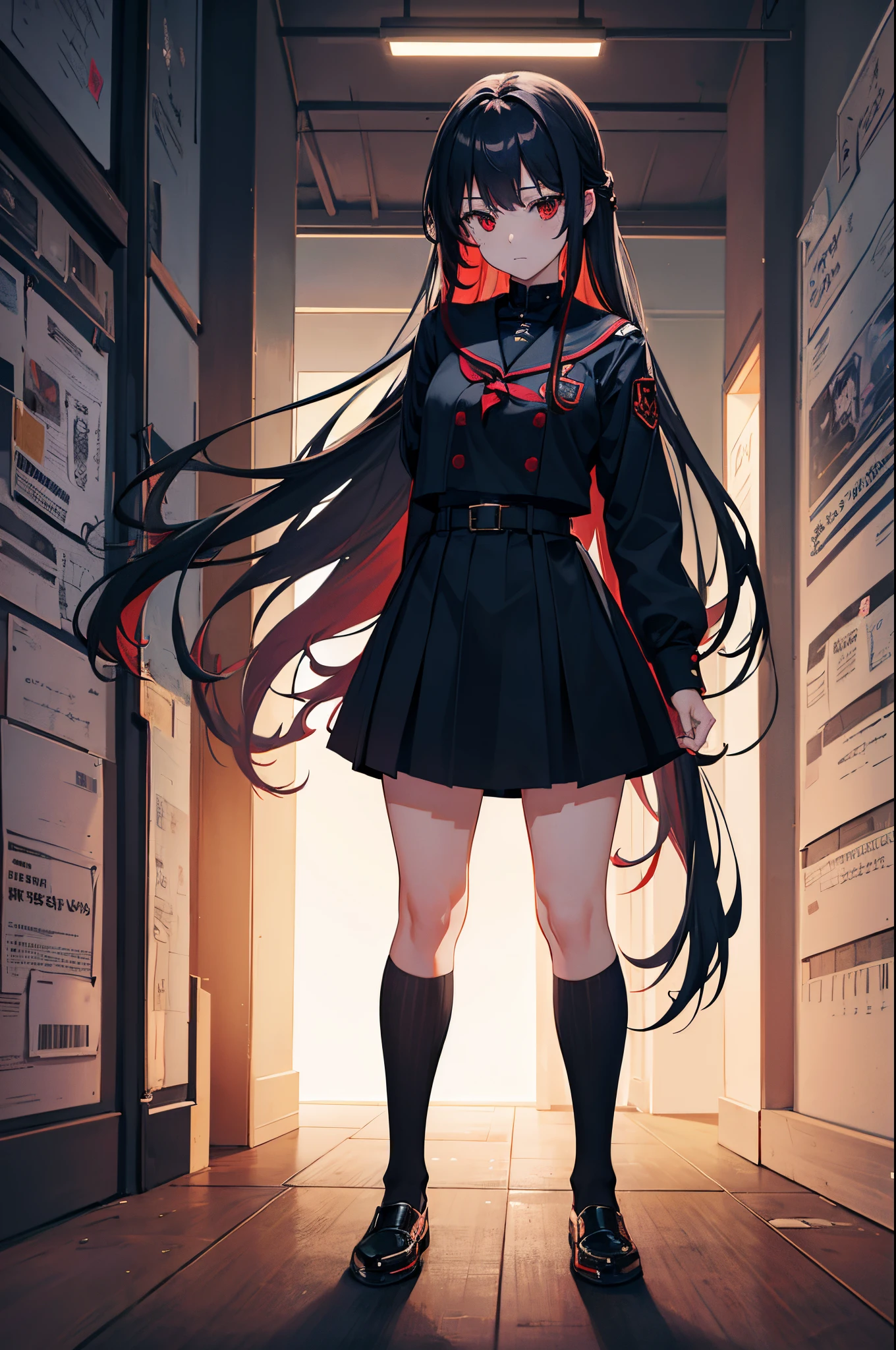 1girl, long navy hair, one red eye, one black eye, black academy uniform, classroom, standing on ground, high res, ultra sharp, 8K, masterpiece