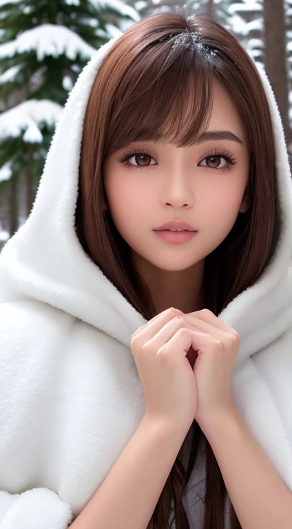 1womanl, up of face, light brown hair, Blunt bangs, hair behind ear, hair over shoulder, Long hair, slender body shape, Ultra Fine Face, Thin face, Delicate lips, Beautiful eyes, thin blush, eyes are light brown,View here, Ultra-thin hands, Ultra-fine fingers, best ratio four finger and one thumb, (realisitic:1.3), White cloak coat. muffler,gloves、Coniferous forest with heavy snowfall, It's snowing.One-person viewpoint, Fuji Film, 8K, masutepiece, nffsw, Super Detail, High quality, Best Quality, hight resolution,beutiful breast、beautiful nipple、Upper body naked