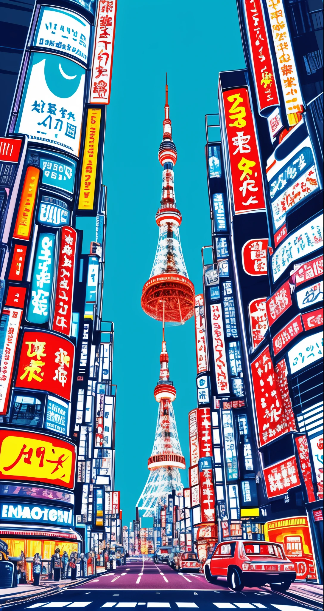 city pop style、retro、illustratio、neons,Tokyo Tower