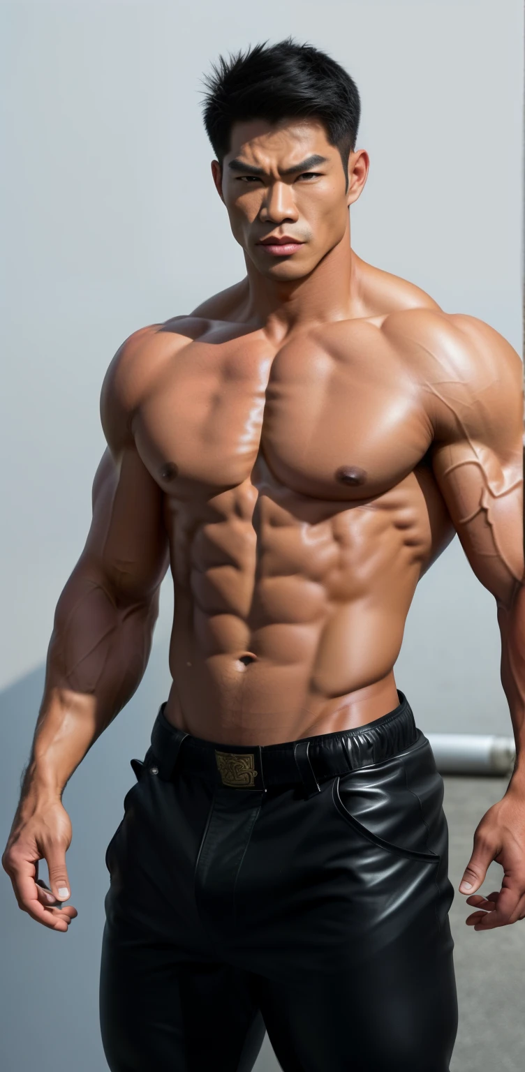 very strong adult male，The muscles are obvious，with fair skin，Abs are pronounced，，Wear tight leather pants，Asia face，angry look，Fierce in appearance，beefy pectorals，Wear tight leather pants，Short hair details，Well-developed abdominal muscles，Domineering appearance，rude appearance，Fierce in appearance，Full of oppression，The lower part is obviously protruding