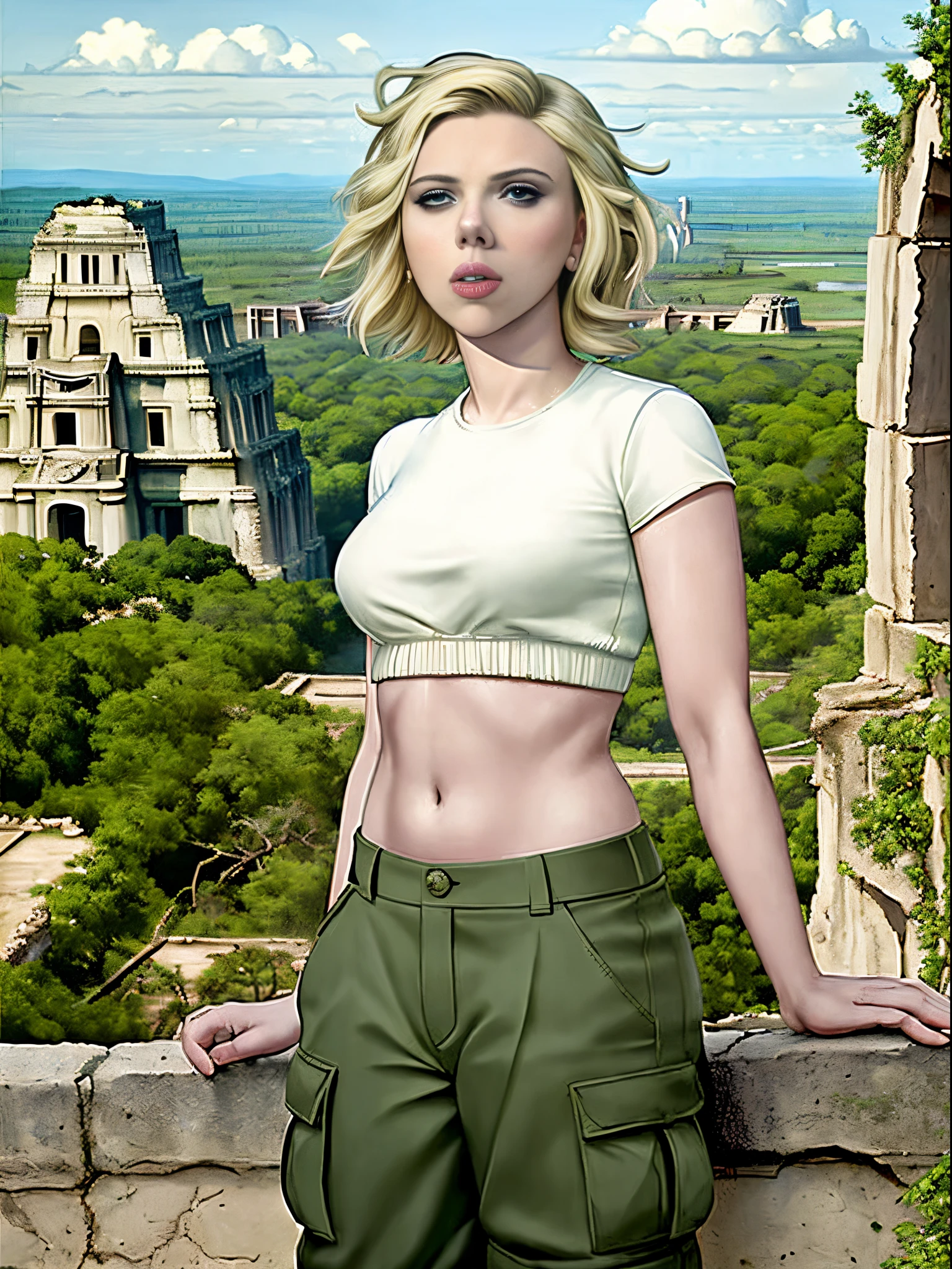 Scarlett Johansson, masterpiece quality, (masterpiece quality:1.9), realistic, solo, one girl, the wearing cargo pants, wearing white crop top, short haircut, Mayan ruins in background, jungle in background,