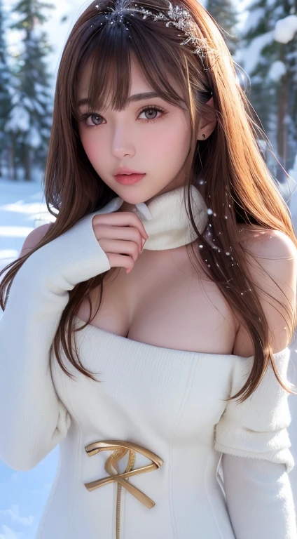 (((************))) ,girl、Long long hair、(brown mickey ears headband)。(Random Nudes)，Exhibitionism，((Random exposure of genitals))。　Beautiful areola。Thin Hair。In the vast snowy mountains、Detailed and complex background。Brown Hair。(Round face). (Takagi-san)。((Cute standing pose))