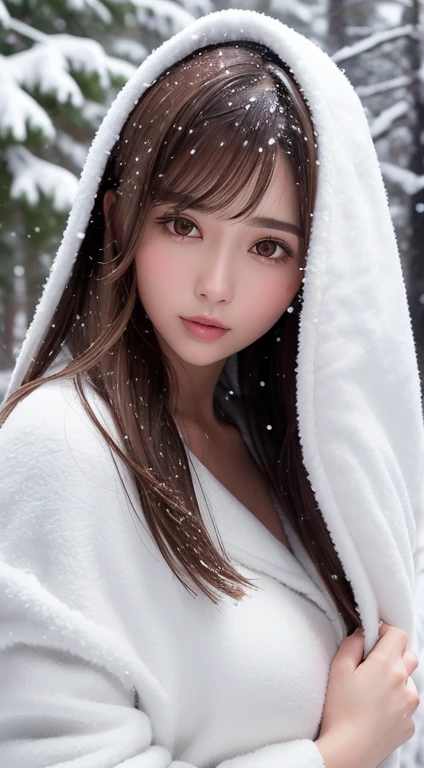 1womanl, up of face, light brown hair, Blunt bangs, hair behind ear, hair over shoulder, Long hair, slender body shape, Ultra Fine Face, Thin face, Delicate lips, Beautiful eyes, thin blush, eyes are light brown,View here, Ultra-thin hands, Ultra-fine fingers, best ratio four finger and one thumb, (realisitic:1.3), White cloak coat. muffler,gloves、Coniferous forest with heavy snowfall, It's snowing.One-person viewpoint, Fuji Film, 8K, masutepiece, nffsw, Super Detail, High quality, Best Quality, hight resolution,beutiful breast、beautiful nipple、Upper body naked
