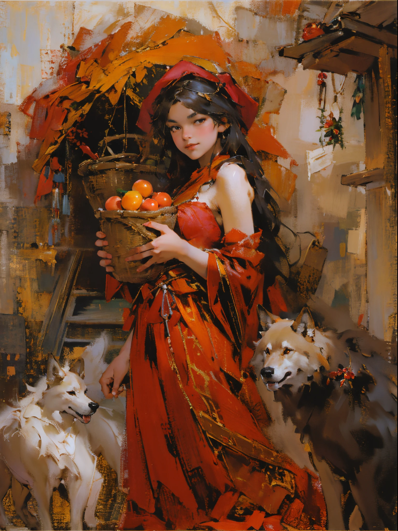 Depicting the girl in red meeting the wolves,Quiet and harmonious atmosphere,Dramatic composition,Warm color palette,Correct anatomy,详细的脸, 詳細な目,(Girls wear:red shawl,Red Hat,laced dress,Red Hat, cloaks, big bust bra, a skirt, Red dress,Carrying a basket of fruit),Background with:allure,natural lightting, Candy House,a fairy world,((Sexual suggestiveness)),Attractions,(post impressionist),rich colours,(Fechin Oil Painting - Fechin Oil Painting , oil painted), 03