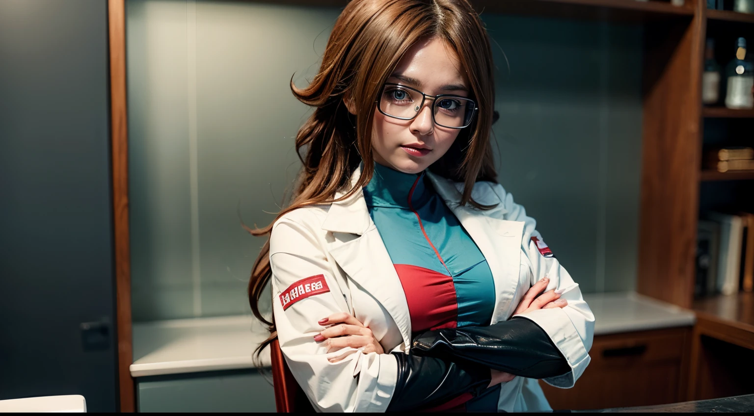 masterpiece, best quality, defa21, glasses, checkered dress, labcoat, black pantyhose, upper body, large breasts, smirk, furrowed brow, looking at viewer, closed mouth, countertop, science, beakers, microscope, crossed arms, 1girl, solo