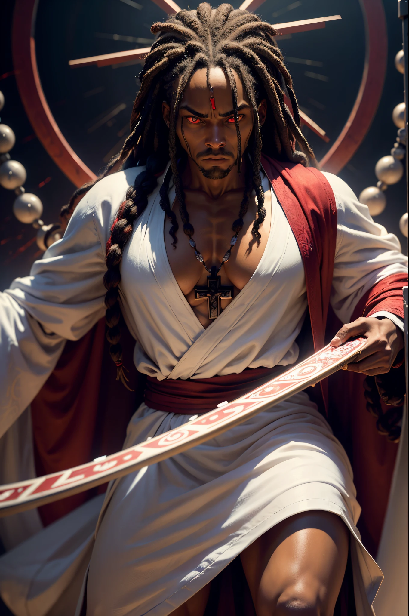 1man, black Jesus with dreadlocks, wearing action-packed white and red robe, wearing monk rosary, fierce expression, serious, glowing sharp eyes, holding to his chest a radiant energy in the form of a cross, dark fantasy scene, (masterpiece), (high quality)