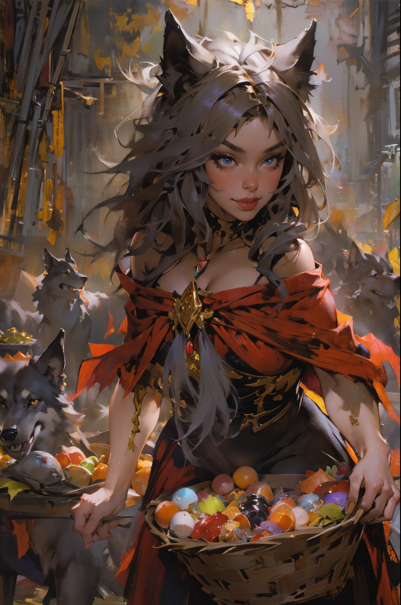 Photo of little girl living with wolf,Now leading them to fight,(Clothes are torn and exposed :1.4),Expose tiny underwear, red capelet,red red hood,laced dress,redhood, capes, Big breasts corset, a skirt, reddress,Carrying a basket of fruits,Background with:exteriors,natural lightting, Candy House,a fairy world,the dark forest,Wooden house in the distance,Huge wolf head on rough wooden table,Glass jars filled with candy, whimsical world, 8K, k hd, 详细的脸, 詳細な目,hyper realisitc, + Cinema lenses + dynamic compositions, Huge beasts,Mature female figure, slim toned body,mediuml breasts,Sweated,Wet hair,(very delicate beautiful),Contour deepening, realistically, Precise geometry, Complicated details, Smiling,From the bottom up, Close-up cleavage,Charming and sexy legs,((Sexual suggestiveness)),seductiv,(post-Impressionist),,(Fechin Oil Painting - Fechin Oil Painting , oil painted), 0