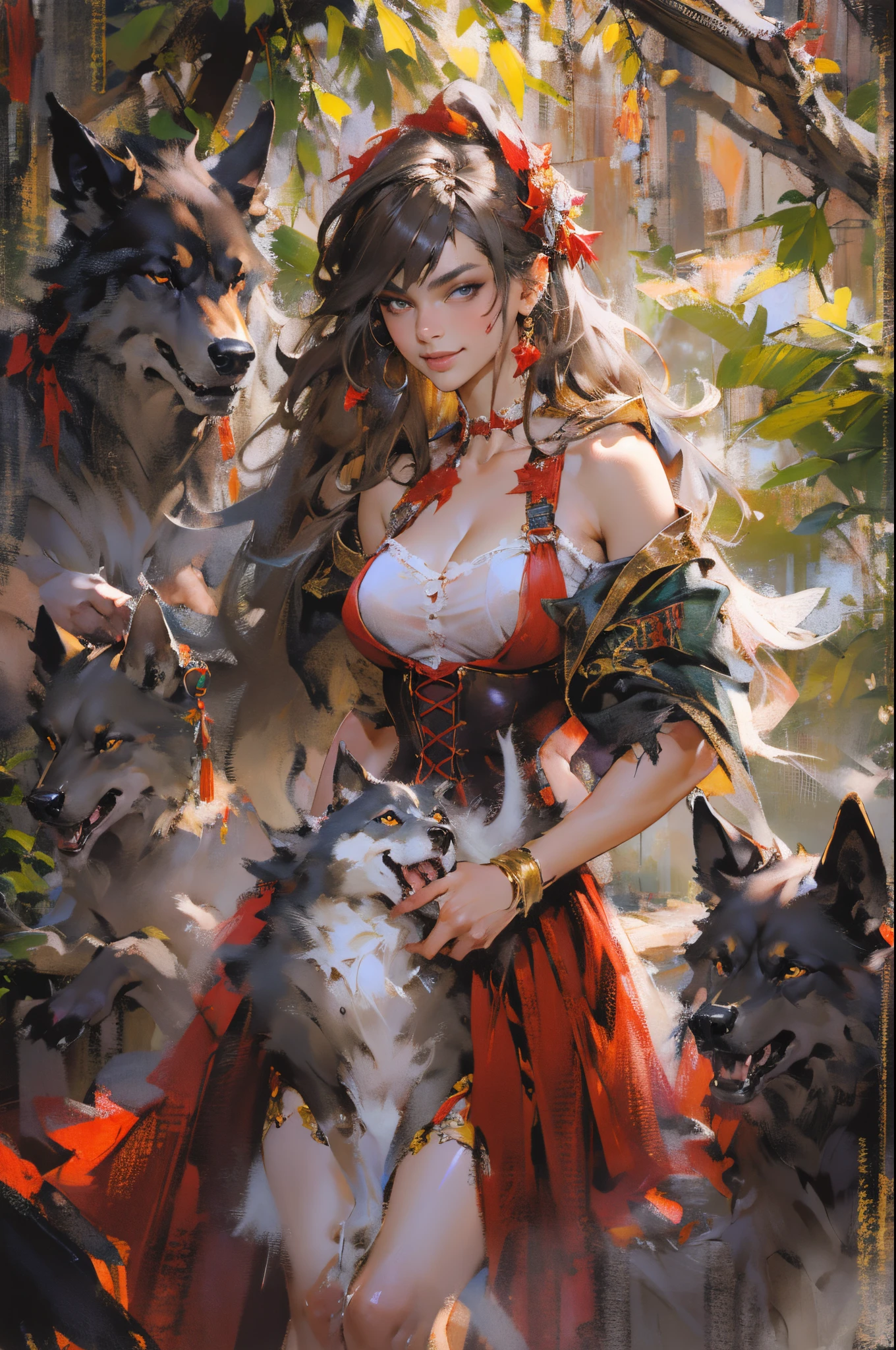 Photo of little girl living with wolf，Now leading them to fight，(Clothes are torn and exposed :1.4)，Expose tiny underwear， red capelet，red red hood，laced dress，redhood, capes, Big breasts corset, a skirt, reddress，Carrying a basket of fruits，Background with：exteriors，natural  lightting, Candy   House，a fairy world，the dark forest，Wooden house in the distance，Huge wolf head on rough wooden table，Glass jars filled with candy,  whimsical world, 8K, k hd, 详细的脸, 詳細な目，hyper realisitc, + Cinema lenses + dynamic compositions, Huge beasts，Mature female figure, slim toned body,mediuml breasts,Sweated,Wet hair,(very delicate beautiful),Contour deepening, realistically, Precise geometry, Complicated details, Smiling,From the bottom up， Close-up cleavage,Charming and sexy legs，((Sexual suggestiveness)),seductiv,(post-Impressionist),,(Fechin Oil Painting - Fechin Oil Painting , oil painted), 0