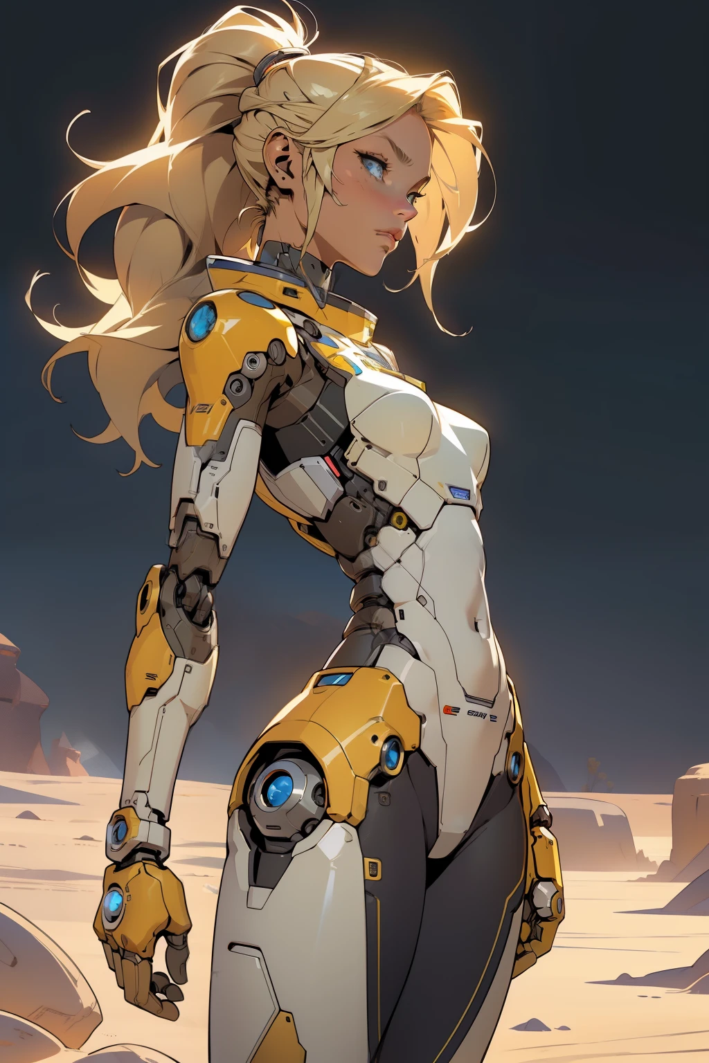 high quality, 4k, masterpiece, beautiful, cyborg girl, cowboy shot, dull eyes, side view, turning around to look at viewer, long blonde hair, girl, small breasts, fit thigh, robotic arms, robotic body, cyborg body, yellow accent, redaccent, intricate detail, joint, detailed lines, robotic detail, holding fist up, holding hand up as fist, color robotic parts, robotic parts with color, perfect fingers, on a desert planet, sunny background, colorful desert,