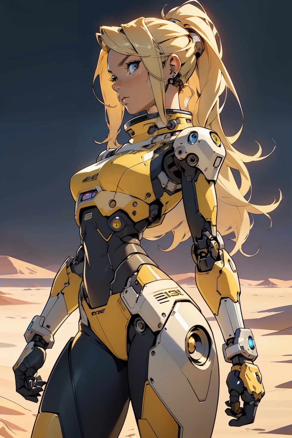 high quality, 4k, masterpiece, beautiful, cyborg girl, cowboy shot, dull eyes, side view, turning around to look at viewer, long blonde hair, girl, small breasts, fit thigh, robotic arms, robotic body, cyborg body, yellow accent, redaccent, intricate detail, joint, detailed lines, robotic detail, holding fist up, holding hand up as fist, color robotic parts, robotic parts with color, perfect fingers, on a desert planet, sunny background, colorful desert,