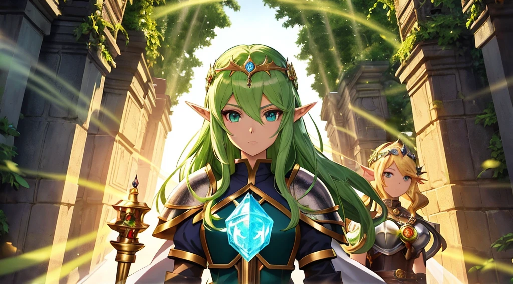anime - style image of a woman dressed in armor holding a lantern, elf girl, elf knight, armor girl, alluring elf princess knight, lady palutena, elf queen, an elf queen, demon slayer rui fanart, glowing lights in armor, cushart krenz key art feminine, female elf, elf princess knight, artwork in the style of guweiz