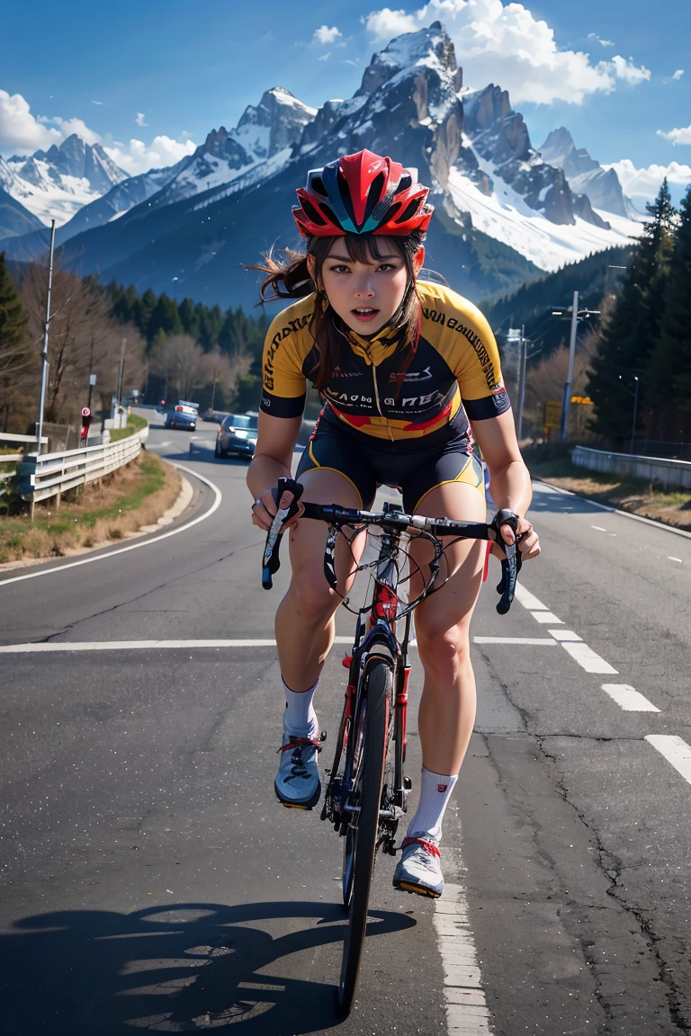 (best quality,4k,8k,highres,masterpiece:1.2),ultra-detailed,(realistic,photorealistic,photo-realistic:1.37),yellow and red theme(1.2), beautiful woman cyclist pedaling her bicycle dynamically in a road race. Illustration, luster, strong muscles, determined expression, aerodynamic cycling jersey, sleek helmet, focused eyes, flowing hair, smooth pedaling motion, intense competition, cheering crowd, scenic mountain range of the Alps background, challenging race route, professional equipment, detailed high-performance road bike, speed, passion, adrenaline rush, glossy, dutch angle, muscular, toned body,(full body:1.2),large breasts