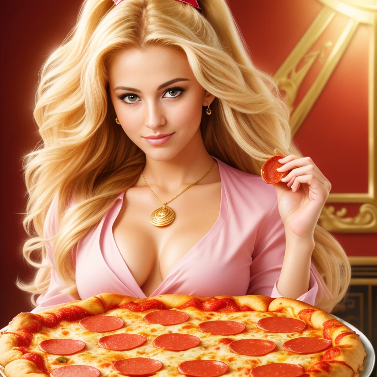(Photorealistic, best quality, 4k, 8k, high res, masterpiece:1.2), ultra-detailed, golden bronde hair, long hair, mature and beautiful, realistic portrayal:1.2, Sailor Moon enjoying a delicious pepperoni pizza