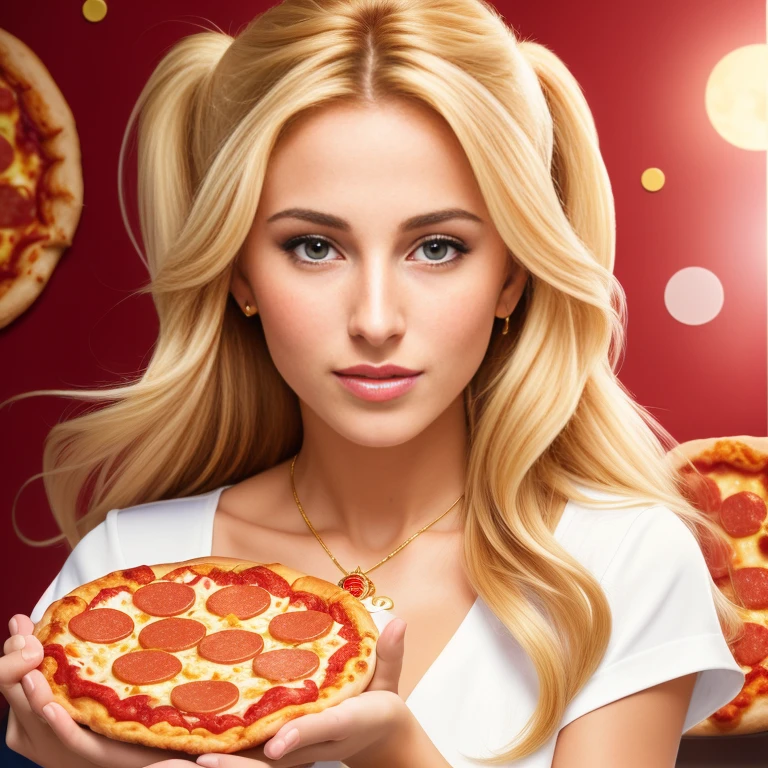 (Photorealistic, best quality, 4k, 8k, high res, masterpiece:1.2), ultra-detailed, golden bronde hair, long hair, mature and beautiful, realistic portrayal:1.2, Sailor Moon enjoying a delicious pepperoni pizza