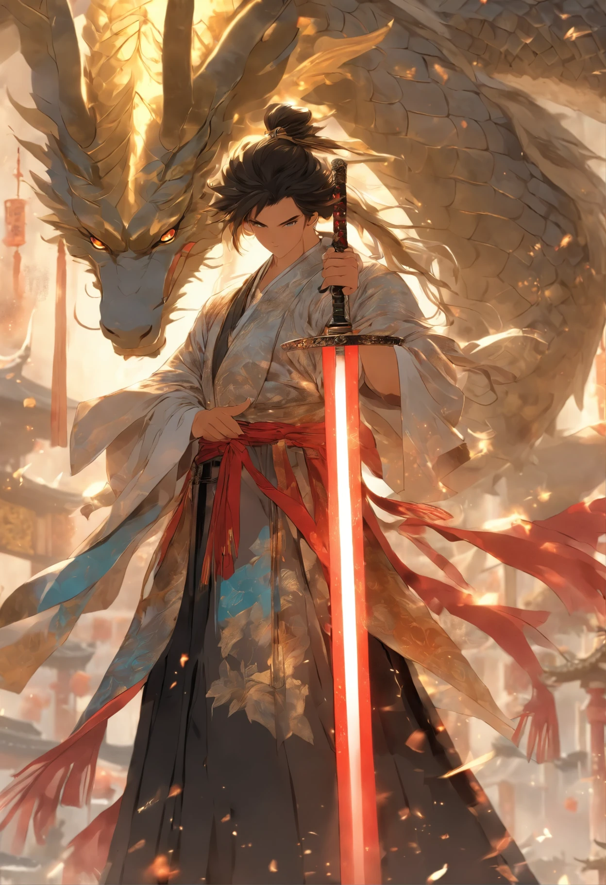 (tmasterpiece), (Best quality at best), Cinematic quality,Rendered by Octane,Ultra-detailed details,1 boy,Face of a young man,Facial detail portrayal,Perfect facial features,(The air is filled with silver metal:1.5),staredown, watch audience, (Ancient Chinese Hanfu:1.2),(Full body lesbian:1.3), (holding a longsword:1.2), (Behind him,Featuring a giant black metal dragon。:1.5)