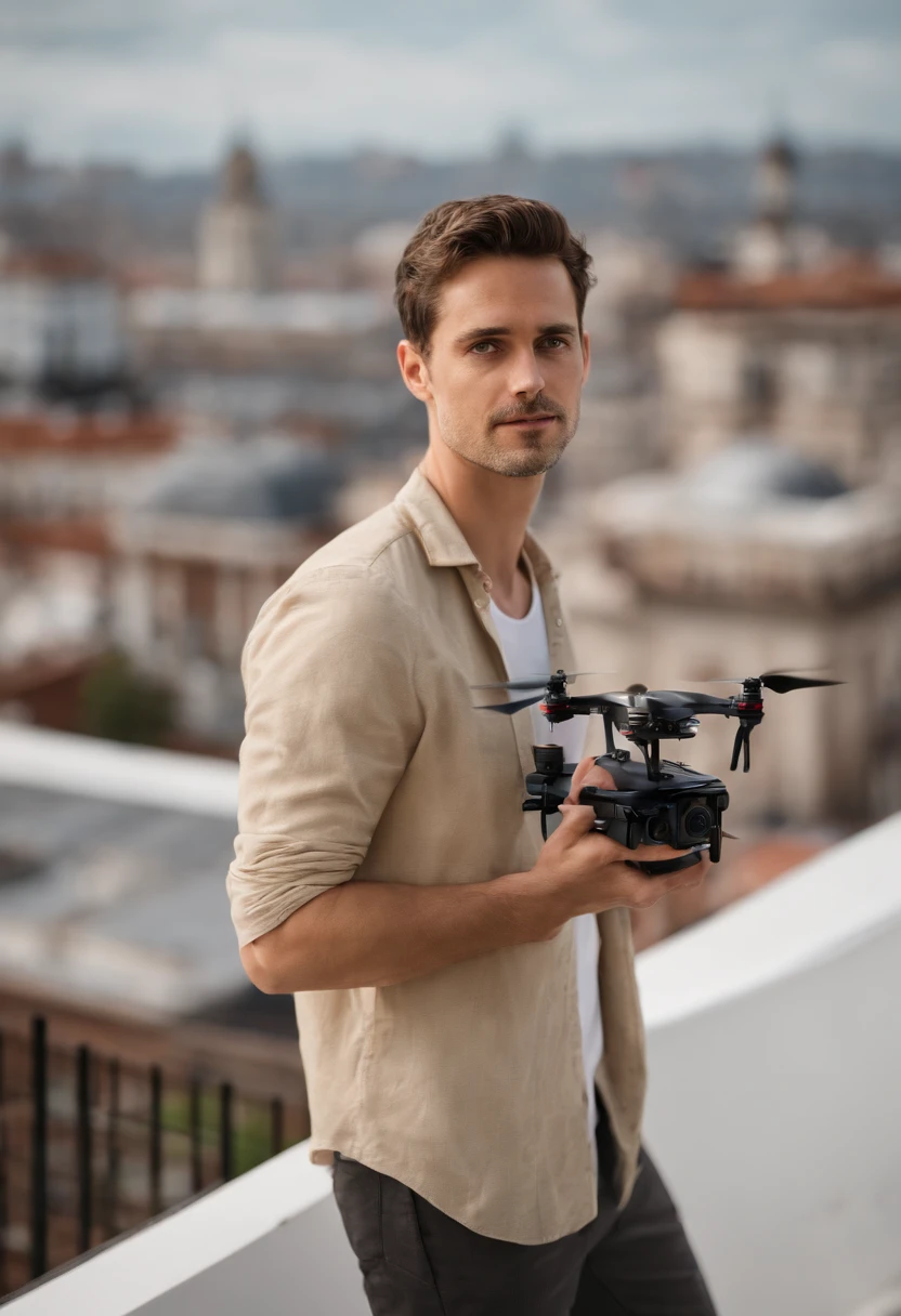 A photo of Spiegel, man, standing on a rooftop, holding a drone with a camera attached,original,Evan Spiegel, white male, short brown hair, cleft chin