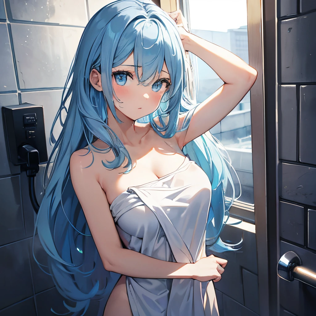 masterpiece, top-quality, The ultra -The high-definition, Top resolution, ighly detailed, profetional lighting、animesque、1 girl, Girl with long light blue hair getting out of shower, wrapped in bath towel ,medium sized breast