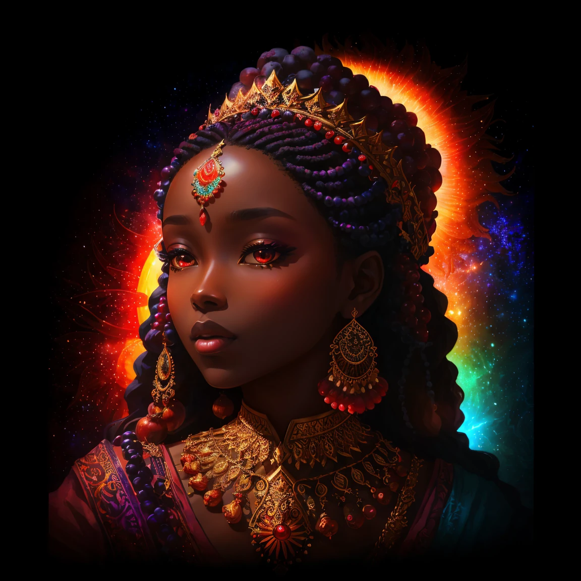 hyper realistic 3:4, a black-skinned empress, pomegranates, fruits, in a cosmic and astral forest, sun and river, vivid colors, light colors, daylight, in HD