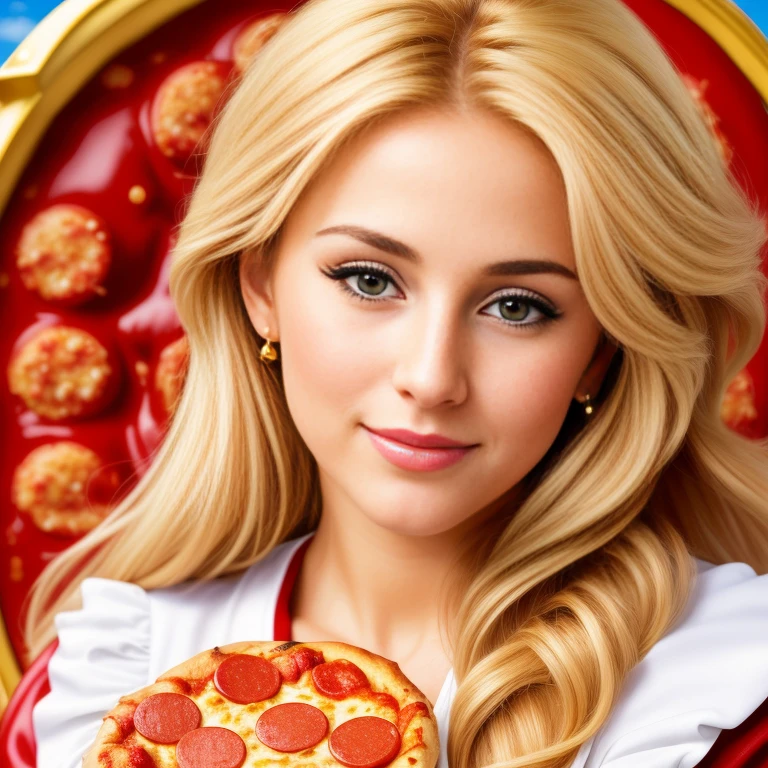 (Photorealistic, best quality, 4k, 8k, high res, masterpiece:1.2), ultra-detailed, golden bronde hair, long hair, mature and beautiful, realistic portrayal:1.2, Sailor Moon enjoying a delicious pepperoni pizza