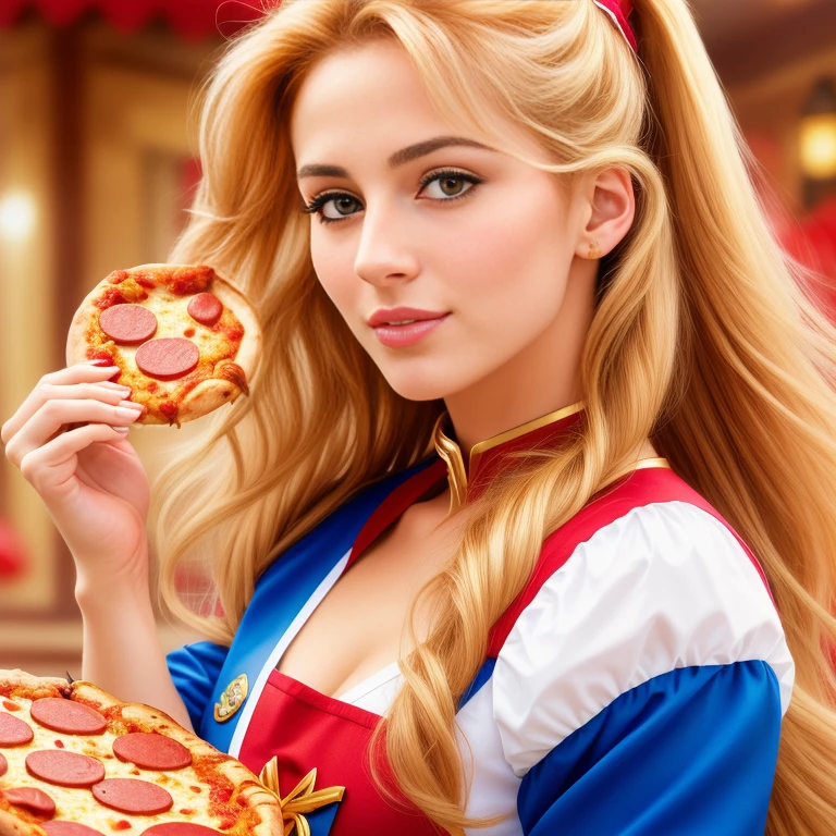 (Photorealistic, best quality, 4k, 8k, high res, masterpiece:1.2), ultra-detailed, golden bronde hair, long hair, mature and beautiful, realistic portrayal:1.2, Sailor Moon enjoying a delicious pepperoni pizza